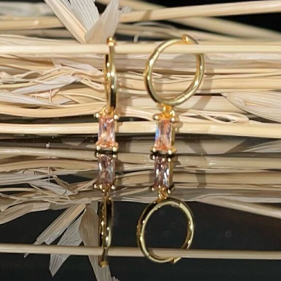 Gold Plated Dangle Huggie Hoop Earrings Dainty Minimalistic Silver CZ gems - Picture 1 of 2